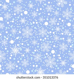 different snowflake and ball snow on light blue background, seamless pattern, vector illustration