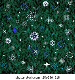 Different snowflakes on the background of needles seamless pattern