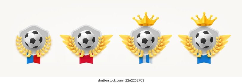 Different soccer club emblems with ball flags. 3d vector clipart isolated on white background