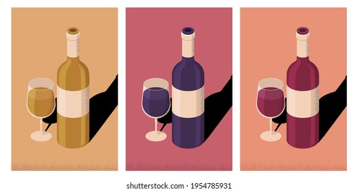 Different sort of wines bottles and glasses posters illustration