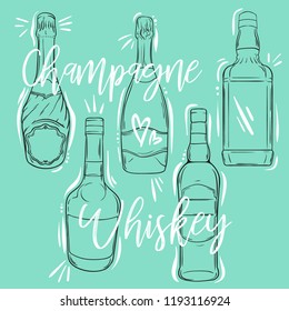 Different sorts of alchogol in bottles , set of sketch style vector illustration
