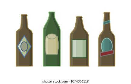 Different sorts of beer in bottles. Isolated line art style hand drawn illustration on white 