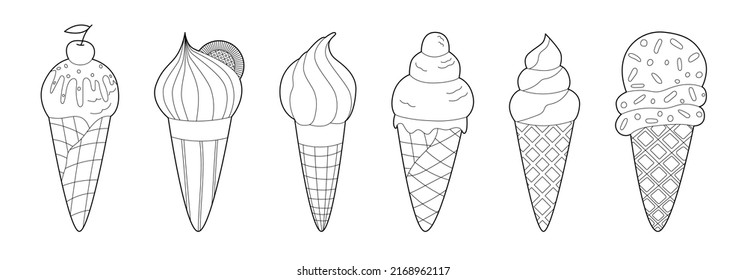 Different sorts of ice cream. Monochrome deserts isolated on white background. Coloring book style for children and adults. 