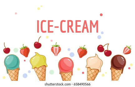 Different sorts of ice cream in a waffle with cherries and strawberries. Falyer, poster, greeting card, menu. Vector illustration.