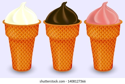 Different sorts of Ice Cream in a waffles cones or icecream cups isolated on white background. Creamy, chocolate and berry or fruit topping. Vector illustration.