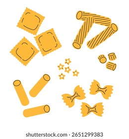 Different sorts of pasta in flat modern style. Farfalle, rigatoni, stellini, ditalini, cannelloni, raviolii. Traditional Italian home made food. Vector illustrations isolated on white.