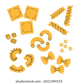 Diferentes tipos de massa em estilo moderno liso. Farfalle, Creste di Gallo, stellini, ditalini, fusillii, raviolii A tradicional casa italiana fazia comida. Ilustrações vetoriais isoladas em branco.