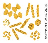 Different sorts of pasta. Macaroni, farfalle, penne, fusilli, stelline, ruote, ditalini. Traditional Italian food. Various noodles types. Vector flat cartoon illustration