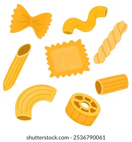 Different sorts of pasta. Macaroni, farfalle, penne, fusilli, stelline, ruote, ditalini. Traditional Italian food. Various noodles types. Vector flat cartoon illustration