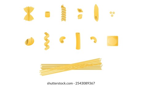 Diferentes tipos de massas. Conjunto de diferentes tipos de massas italianas.Farfelle, ditalini, fusilli, conchigle rigate, penne, stelle, lumaconi, cavatappi,gomiti,cotovelo macaroni, ravioli,espaguete,tortiglioni