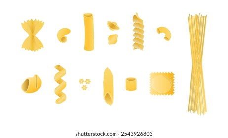 Diferentes tipos de massas. Conjunto de diferentes tipos de massas italianas.Farfelle, ditalini, fusilli, conchigle rigate, penne, stelle, lumaconi, cavatappi,gomiti,cotovelo macaroni, ravioli,espaguete,tortiglioni