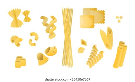 Diferentes tipos de pasta. Conjunto de diferentes tipos de pasta italiana. Farfelle, ditalini, fusilli, conchigle rigate, penne, stelle, lumaconi, cavatappi, gomiti, macarrones de codo, ravioles, espagueti, tortiglioni