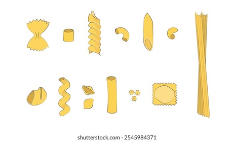 Diferentes tipos de massas. Conjunto de diferentes tipos de massas italianas.Farfelle, ditalini, fusilli, conchigle rigate, penne, stelle, lumaconi, cavatappi,gomiti,cotovelo macaroni, ravioli,espaguete,tortiglioni