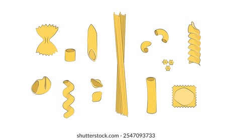 Diferentes tipos de pasta. Conjunto de diferentes tipos de pasta italiana. Farfelle, ditalini, fusilli, conchigle rigate, penne, stelle, lumaconi, cavatappi, gomiti, macarrones de codo, ravioles, espagueti, tortiglioni