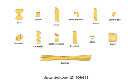 Diferentes tipos de massas. Conjunto de diferentes tipos de massas italianas.Farfelle, ditalini, fusilli, conchigle rigate, penne, stelle, lumaconi, cavatappi,gomiti,cotovelo macaroni, ravioli,espaguete,tortiglioni