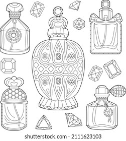 Different sorts of perfume. Monochrome bottles with fragrance isolated on white background. Coloring book style for children and adults