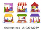 Different souk trade tents vector illustrations set. Oriental bazaar or street marketplace with pottery, merchant stalls on white background. Marketing, Middle East, Thailand or India concept