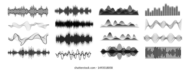 Different sound waves black isolated on white background. Equalizers template. Music audio frequency, voice line waveform, electronic radio signal, volume level symbol, curve radio, waves set. Vector
