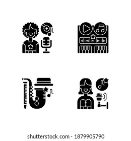 Different soundtrack genres black glyph icons set on white space. Soul music library. Jazz band instruments with classic hats. Pop singer. Silhouette symbols. Vector isolated illustration