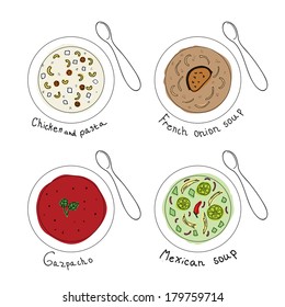 Different soups in white bowl. Vector illustration