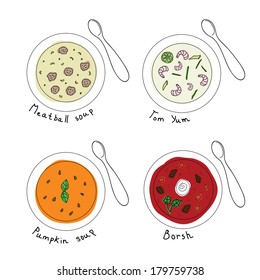 Different soups in white bowl. Vector illustration