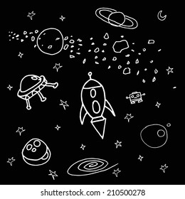 Different space sketch illustrations on a black background