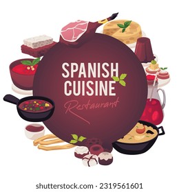 Different Spanish cuisine dishes flat style, vector illustration isolated on white background. Round shape with text, various traditional Spanish food, paella with seafood, desserts and sangria