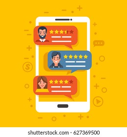 
Different specialists with rating from customers on smartphone screen. Vector Feedback concept illustration. Can use for web banner, poster.
