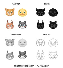Different species of animals, cat muzzle, ducks, squirrels and raccoons. Animal muzzle set collection icons in cartoon black monochrome outline style vector symbol stock illustration web.