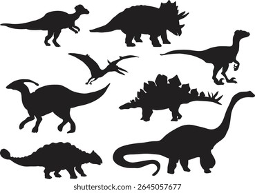 Diferentes espécies de dinossauros são retratados na silhueta, mostrando suas formas e tamanhos únicos.