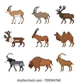 Different species of even-toed ungulates animals. Pixel art icon set. Old school computer graphic style.