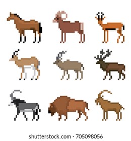 Different species of even-toed ungulates animals. Pixelart icon set. Old school computer graphic style.