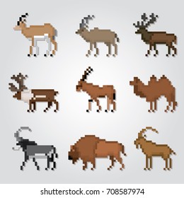 Different species of even-toed ungulates animals. Pixelart icon set. Old school computer graphic style.