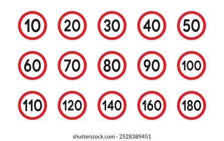 Diferente conjunto de iconos de signo de límite de velocidad aislado sobre fondo blanco. Símbolo de la carretera. Concepto de tráfico. Rodee la señal de tráfico estándar con los números que indican los límites de velocidad en kmh o mph.