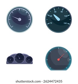 Different speedometer icons set cartoon vector. Various style of car speedometer. Speed indicator