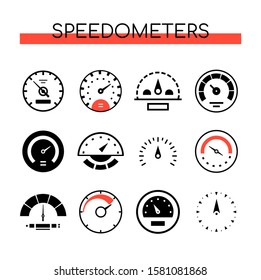 Different speedometers collection - set of vector elements on white background. Black images of various tachometers, velocity gauges. Speed measurement, fuel control in the car on a display panel