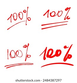 Different spellings of the one hundred percent sign. 100% red marks hand written in ink. Signs indicating the highest mark or grade. Vector illustration.