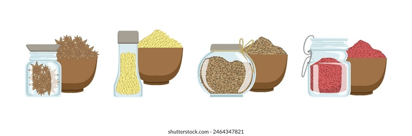 Different Spice and Condiment Pile for Cooking Vector Set