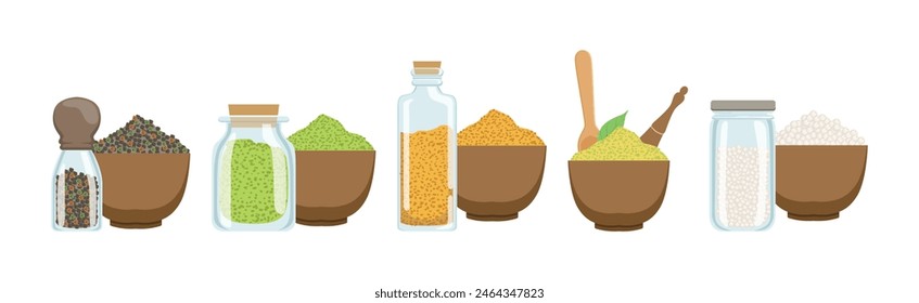 Different Spice and Condiment Pile for Cooking Vector Set