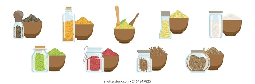 Different Spice and Condiment Pile for Cooking Vector Set