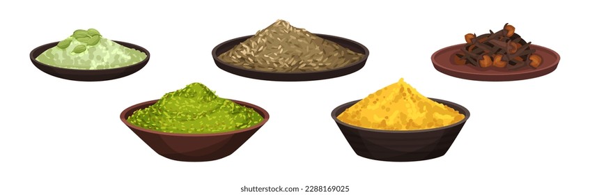 Different Spices and Condiments with Clove, Cumin in Bowl, Curcuma and Seeds Vector Set