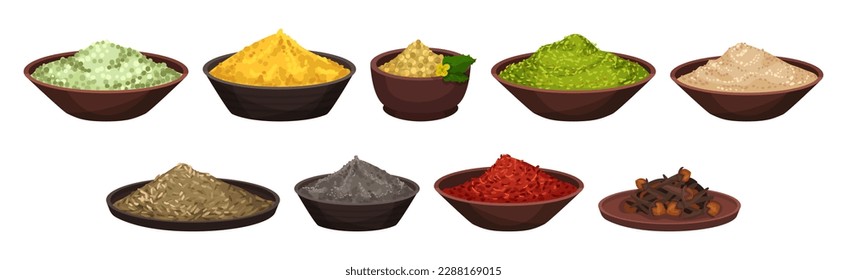 Different Spices and Condiments with Pile and Heaps of Powder in Bowl Vector Set