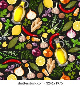 Different spices and herbs vector seamless background
