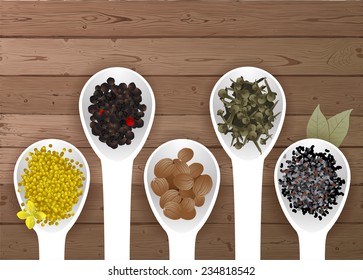 different spices in spoons over wooden background