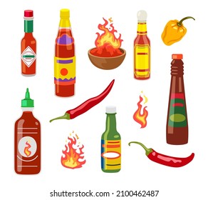 Different spicy sauces vector illustrations set. Ketchup, hot tomato and chili sauces in bottles, red and yellow peppers isolated on white background. Food concept