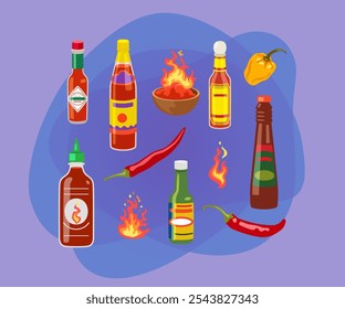 Different spicy sauces vector illustrations set. Ketchup, hot tomato and chili sauces in bottles, red and yellow peppers isolated on white background. Food concept