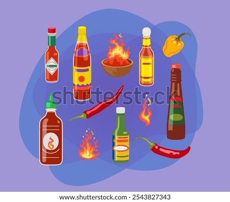 Different spicy sauces vector illustrations set. Ketchup, hot tomato and chili sauces in bottles, red and yellow peppers isolated on white background. Food concept