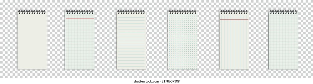 Different Spiral Notebook Templates - Empty Cell Grid Striped And Dotted Vector Illustrations - Isolated On Transparent Background