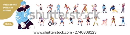 Different sport athletes set. Various sportsmen and sportswomen play games. Players of football, basketball, ice hockey, volleyball and soccer. Flat isolated vector illustrations on white background