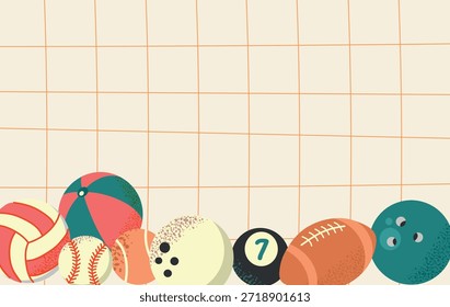 Verschiedene Sportbälle Hintergrund Banner Poster auf kariertem Hintergrund